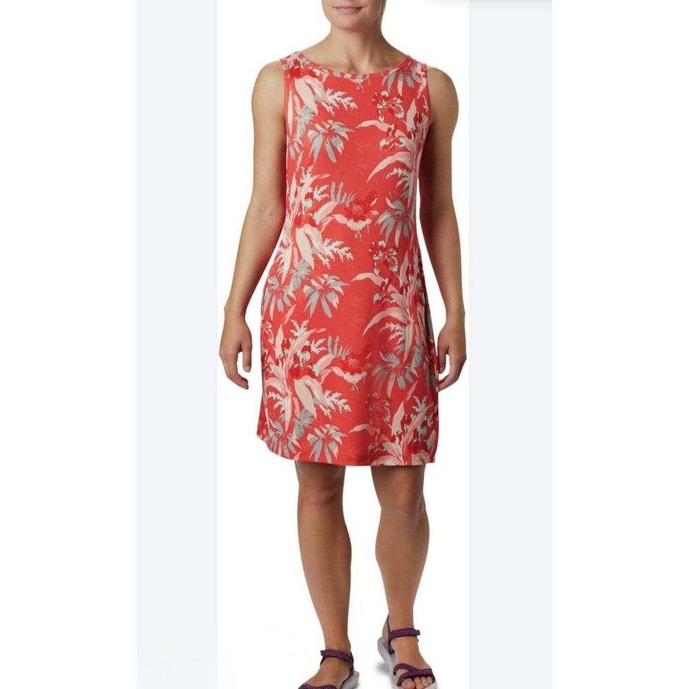 Columbia Size S Chill River Printed Dress Coral Tropical Floral Pockets UPF 50